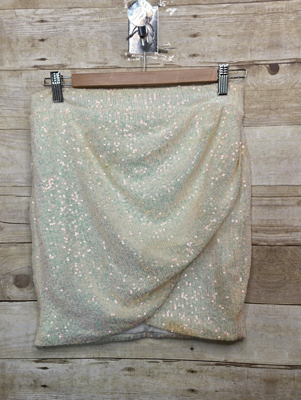 Fashion Nova Iridescent Sequin Draped Mini Skirt - Cream